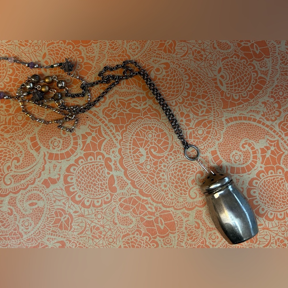 Vintage Repurposed Mini Silver Salt Shaker Charm Necklace with Crystal Beads